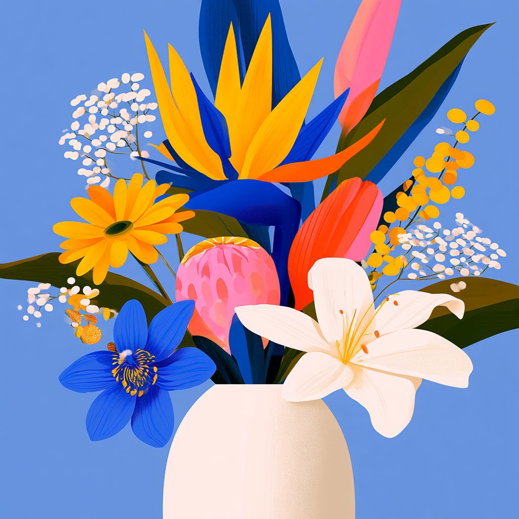 Editorial illustration of a bouquet of tropical flowers