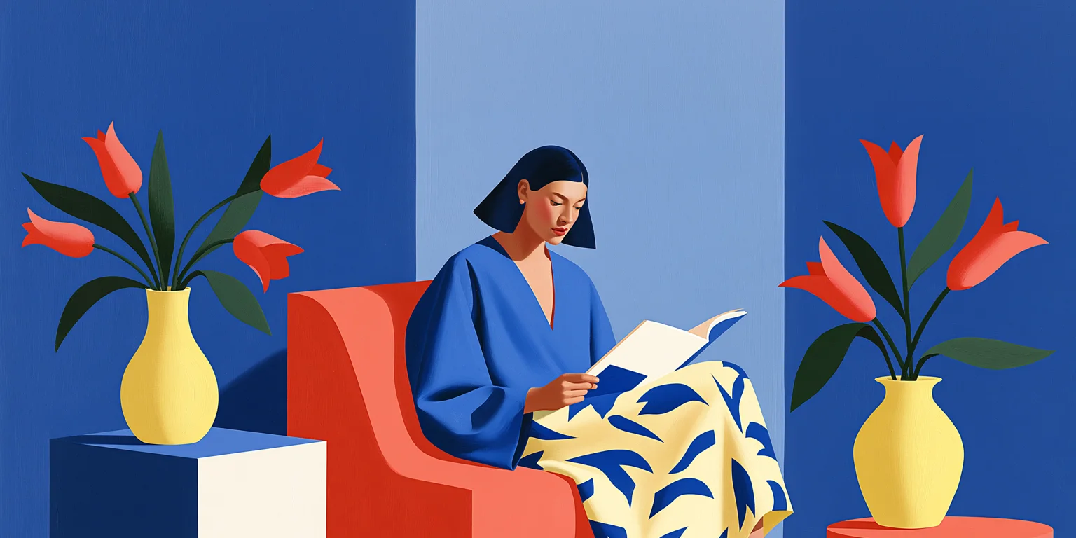Editorial illustration of a woman reading a journal in an armchair between two vases of red tulips