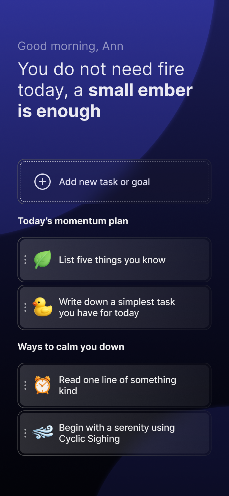 Holdme app — home screen with daily protocol